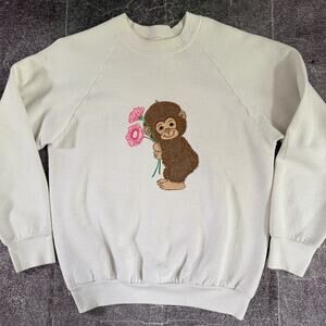 Men's Vintage 80's BVD Baby Monkey Floral Animal White Crewneck Sweatshirt Sz M